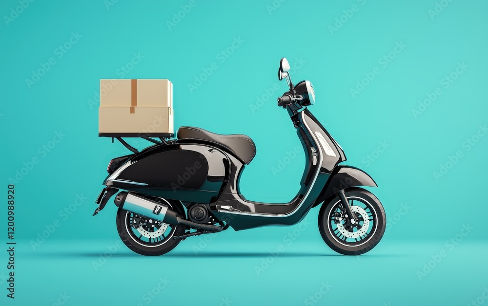 Obraz premium A sleek black delivery scooter with a food box, placed on a pastel blue background