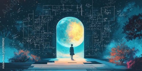 A solitary figure stands before a celestial gateway of equations