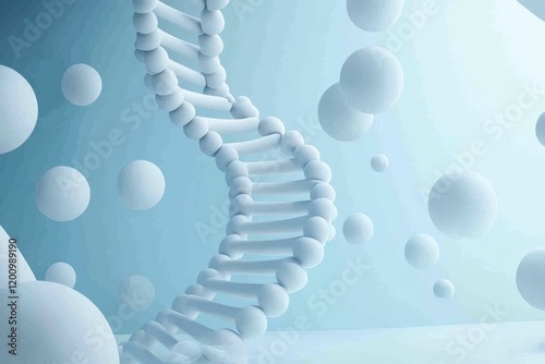 White spheres and a helical structure on blue background.