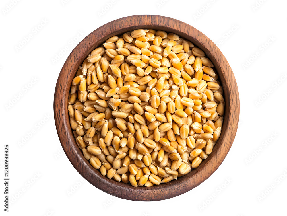 Extreme top view of hyperrealistic uncooked wheat berries in a wooden bowl isolated on a white transparent background Extreme top view of hyperrealistic uncooked wheat berries in a wooden bowl isolated on a white transparent background