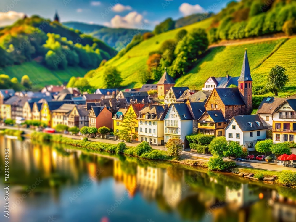 Obraz premium Charming Moselle Riverbank Village, Tilt-Shift Miniature Effect
