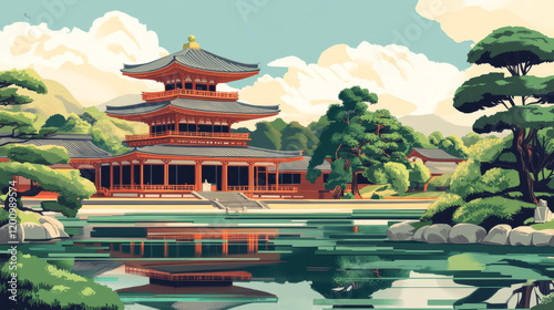 Japanese travel landmark vector icons. Shingon Buddhist temple Gokoku-ji, Imperial Shrine of Yasukuni and Zen Buddhist Sengaku-ji Temple, Kanda Myojin Shrine and Confucian temple Yushima Seido photo