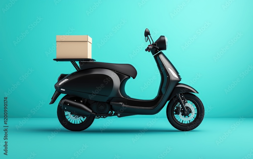 Obraz premium A sleek black delivery scooter with a food box, placed on a pastel blue background