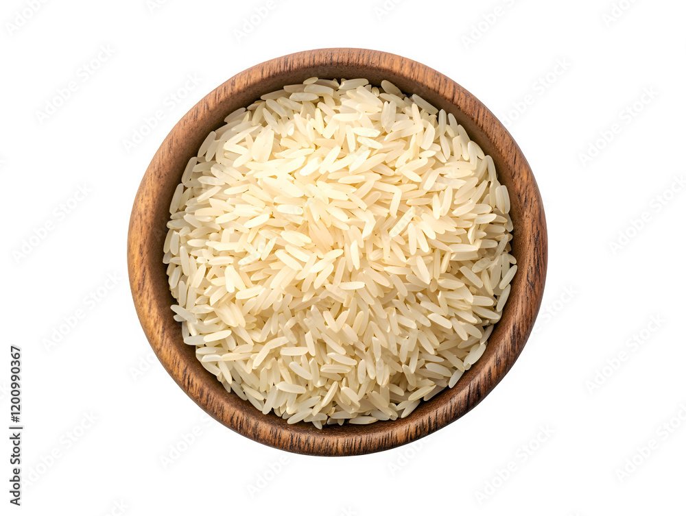 Extreme top view of hyperrealistic uncooked basmati rice in a wooden bowl isolated on a white transparent background Extreme top view of hyperrealistic uncooked basmati rice in a wooden bowl isolated on a white transparent background