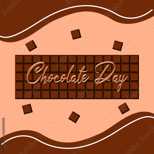 Chocolate Day to celebrate on February 9th. A chocolate bar and engraved calligraphic text on it with melted chocolate on a light brown background. Food event banner.