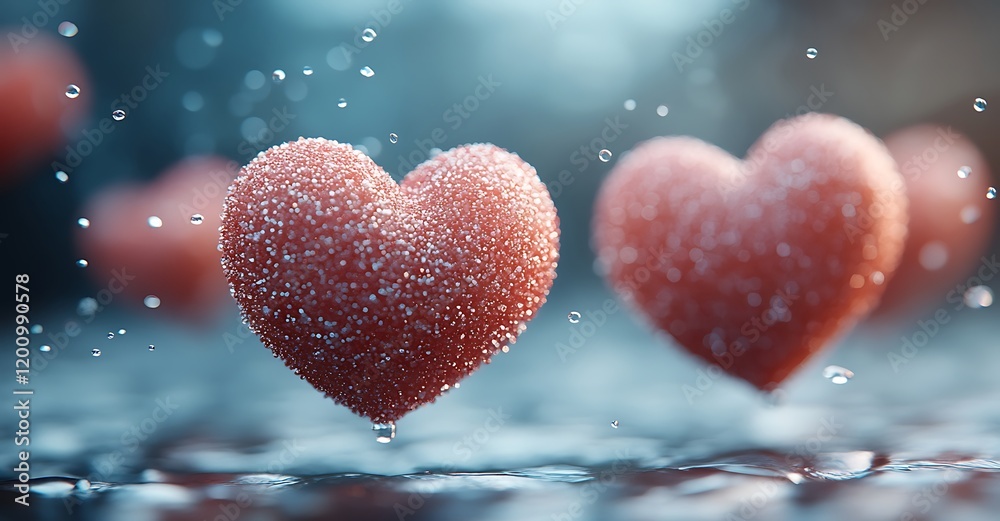 Fototapeta premium Sugar Crystal Hearts Romantic Water Drops Love Design Abstract Background Red Pink Soft Pure Sweet 