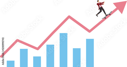Man riding a skateboard in the direction of the upward arrowprogress achieving business success