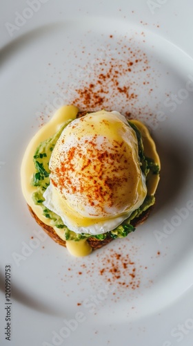 Poached egg on avocado toast with hollandaise sauce and paprika garnish photo