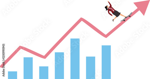 Woman riding a skateboard in the direction of the upward arrowprogress achieving business success