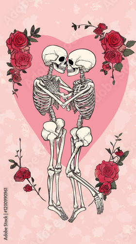 Romantic Skeletons Embracing in Pink Heart with Red Roses Valentine's Day Vector