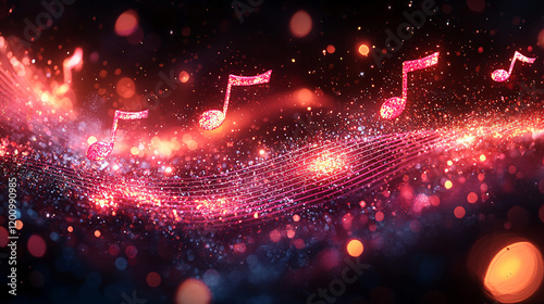 Abstract Digital Waves of Glowing pink Light Particles with Scattered Musical Notes, Highlighting Themes of Music, Technology, and Creativity in a Futuristic Composition photo