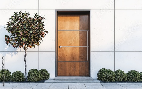 A stylish modern wooden entrance door with polished metallic accents, placed against a white background