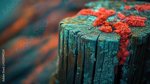 Coral fungus on weathered wood post, autumnal background, nature close-up, website header
