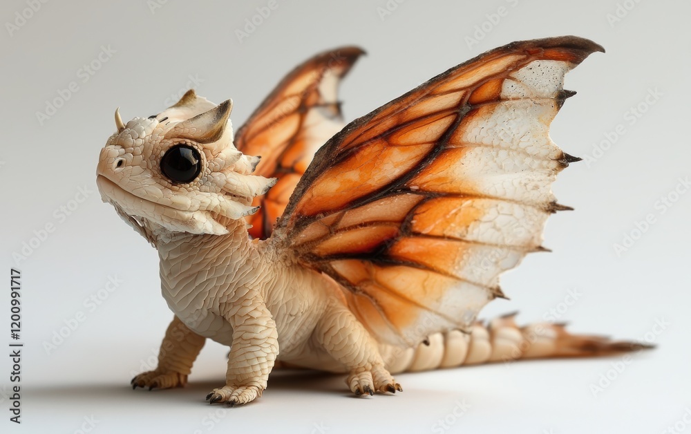 A tiny dragon-like creature with chubby legs, smooth scales, and butterfly wings, sitting on a bright white backdrop A tiny dragon-like creature with chubby legs, smooth scales, and butterfly wings, sitting on a bright white backdrop