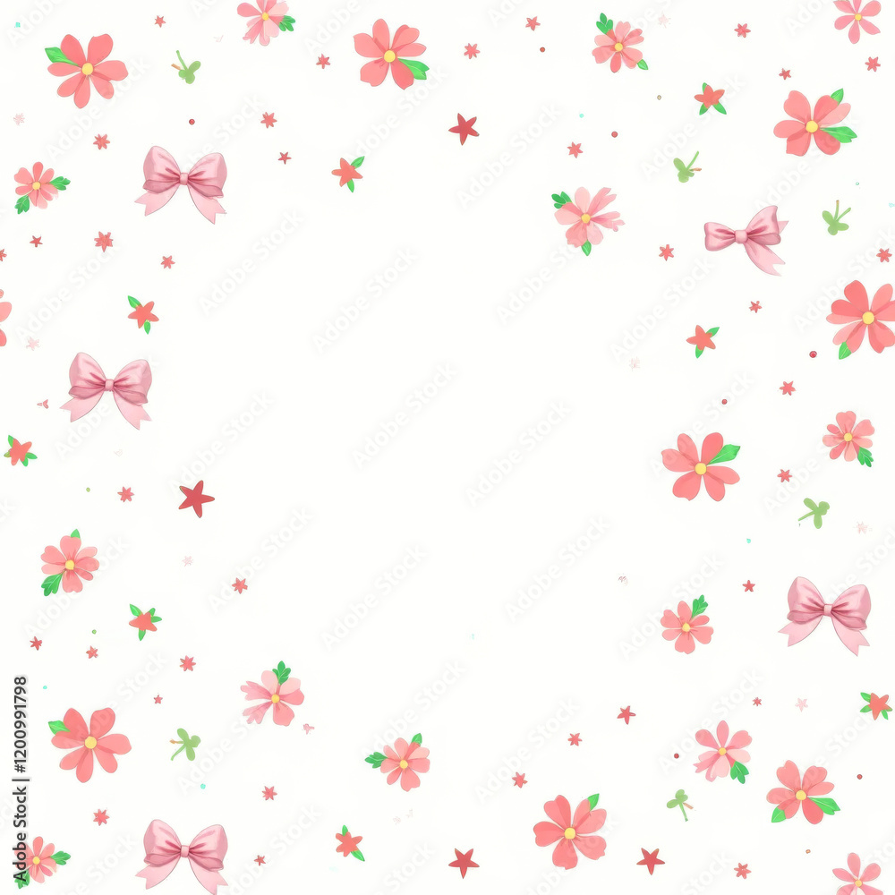 White background with pink flowers and bows White background with pink flowers and bows