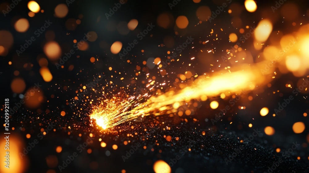 Fototapeta premium Fiery spark trail, dark background, bokeh, sparks, industrial