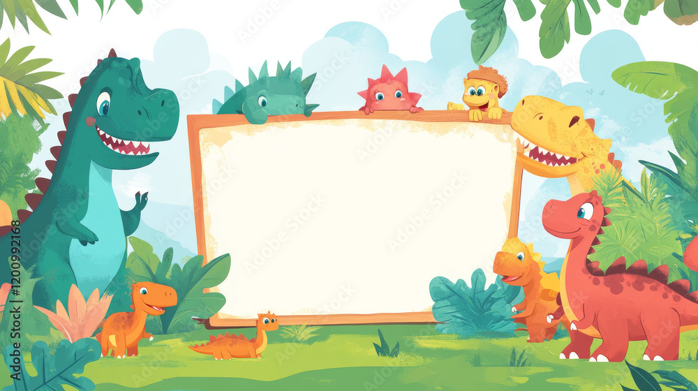 Fototapeta premium Weekly planner with funny cartoon dinosaur characters. Vector education timetable schedule template. School lesson time table or organizer frame for kids with dino animals in jungle forest landscape