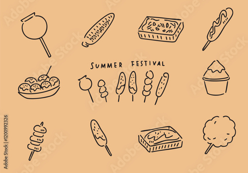 お祭りの食べ物の線画のアイコンセット