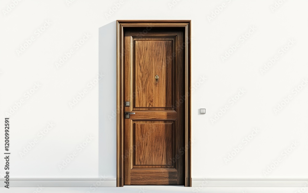 A stylish modern wooden entrance door with polished metallic accents, placed against a white background A stylish modern wooden entrance door with polished metallic accents, placed against a white background