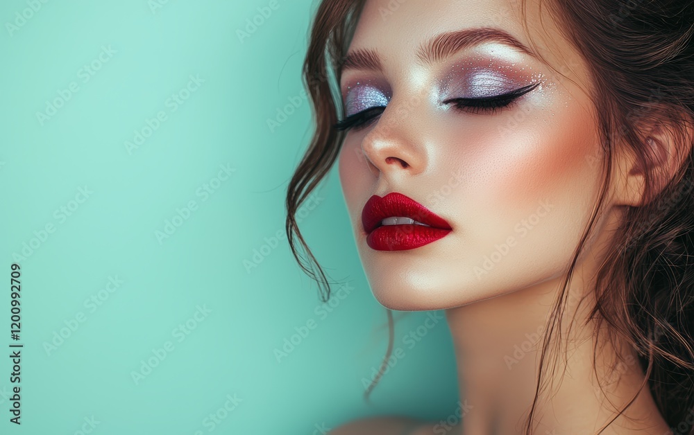 A stylish woman with shimmering eyeshadow in silver and purple hues, paired with bold red lipstick, on a pastel mint green background A stylish woman with shimmering eyeshadow in silver and purple hues, paired with bold red lipstick, on a pastel mint green background