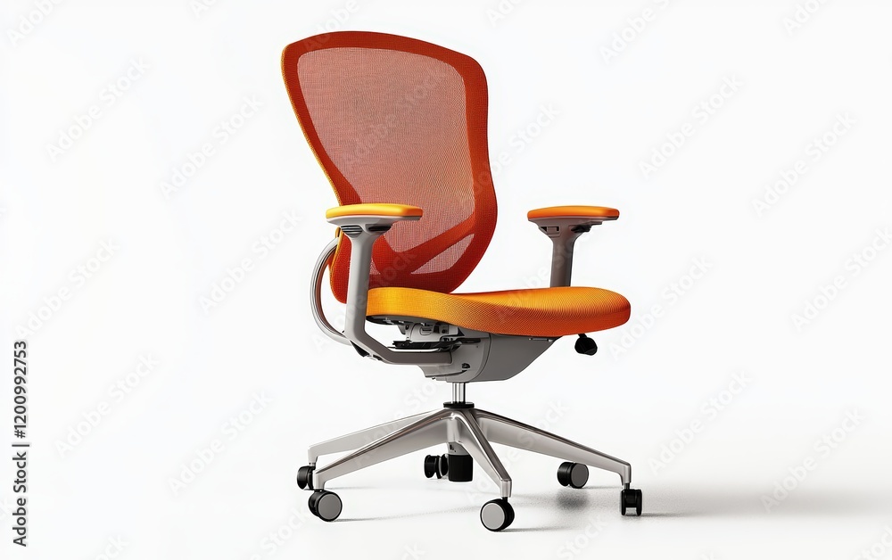 A vibrant orange office chair with a mesh back and adjustable armrests, on a white background A vibrant orange office chair with a mesh back and adjustable armrests, on a white background