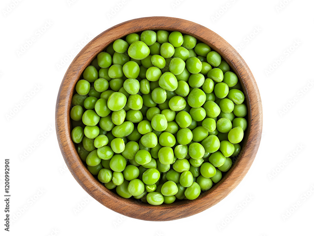 Extreme top view of hyperrealistic uncooked green peas in a wooden bowl isolated on a white transparent background Extreme top view of hyperrealistic uncooked green peas in a wooden bowl isolated on a white transparent background