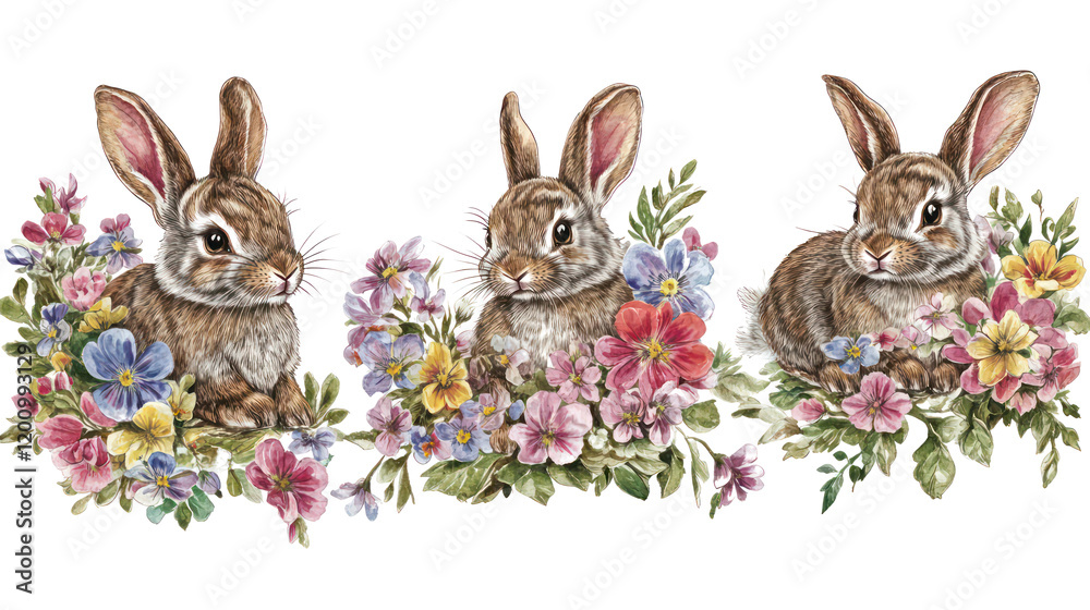 Fototapeta premium Spring Themed Bunnies Surrounded by Flowers in a Set Generative AI
