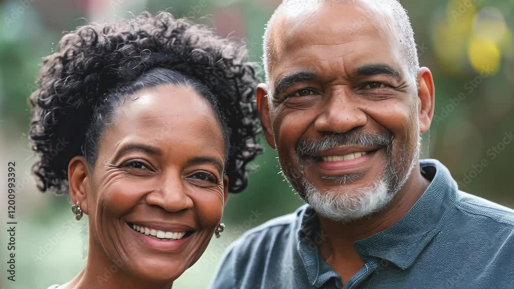 Smiling African American couple standing together outdoors, radiating warmth, love, and happiness, surrounded by greenery, symbolizing a strong bond and joyful life. Smiling African American couple standing together outdoors, radiating warmth, love, and happiness, surrounded by greenery, symbolizing a strong bond and joyful life.