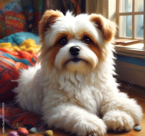 Illustration of fluffy and cute small dog.