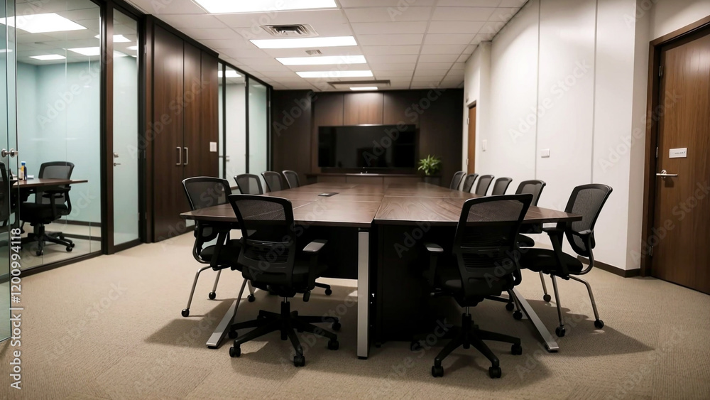 Modern conference room with wooden table, laptops, black chairs, and a large TV screen, adjacent to bright workspace and glass walls. 3D Rendering. Modern conference room with wooden table, laptops, black chairs, and a large TV screen, adjacent to bright workspace and glass walls. 3D Rendering.