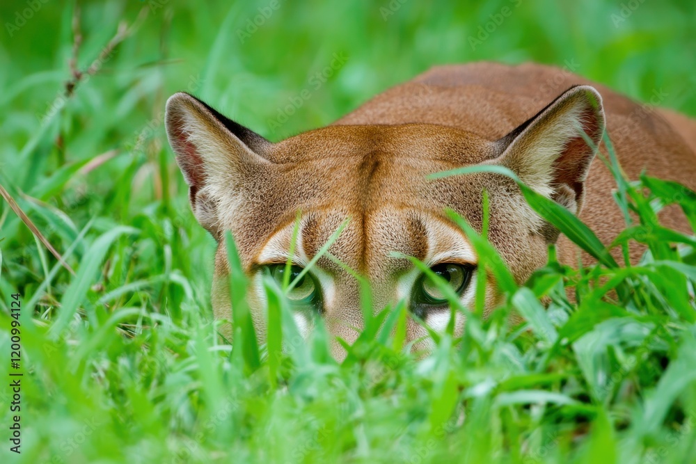 Obraz premium striking image of a puma crouched low in the grasslands, eyes fixed on its prey.