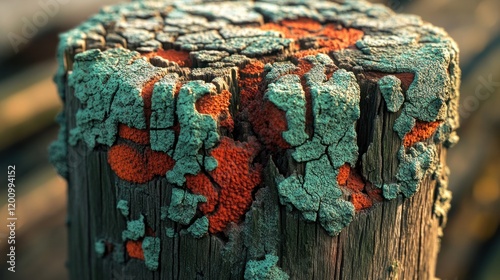 Weathered wooden post, peeling paint, coastal setting, sunset