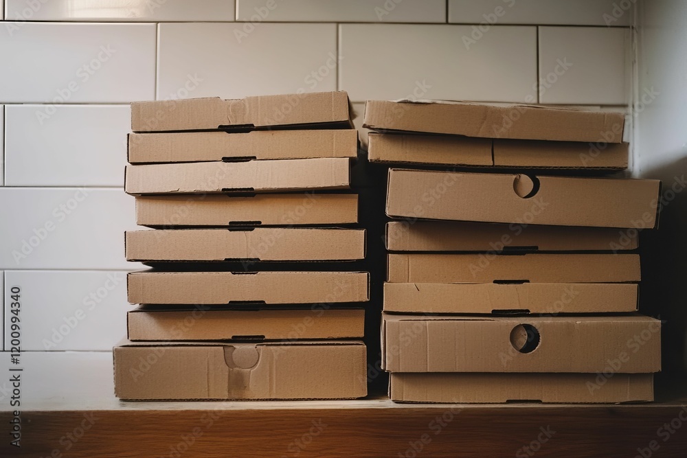 Stacked cardboard boxes against a white tiled wall. Stacked cardboard boxes against a white tiled wall.