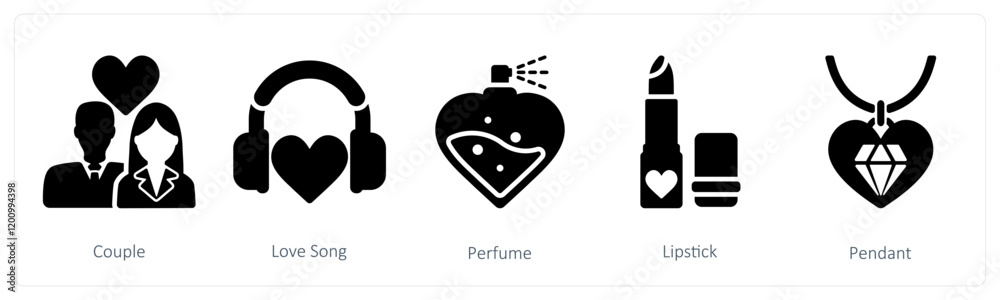 Obraz premium A set of 5 valentine's day icons as couple, love song, perfume