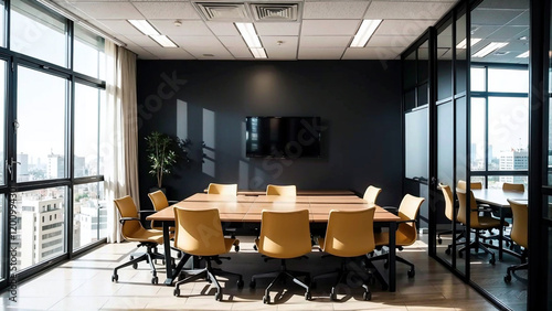 Office meeting room background of boardroom presentation with desk for business discussion corporate meeting corporate seminar suitable for corporate and business theme.