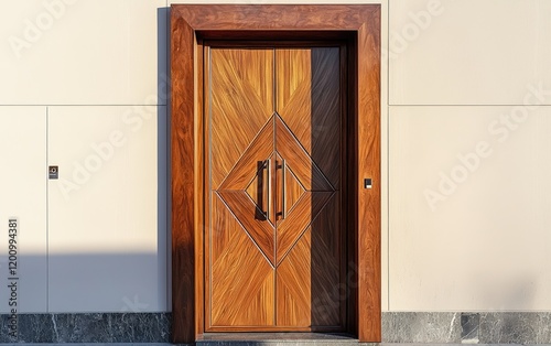 A wooden entrance door with clean geometric lines and polished metallic hardware, isolated on a neutral backdrop