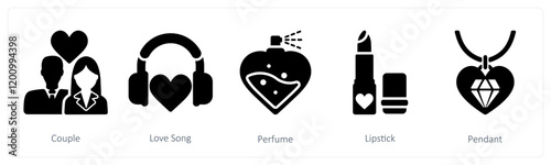 A set of 5 valentine's day icons as  couple, love song, perfume