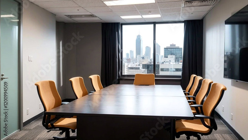 Spacious office interior with large wooden table, computer and chair in front of glass wall conference room. Modern design, city window background, collaboration concept. 3D rendering.