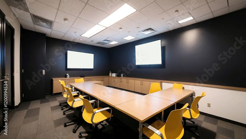 Empty modern conference room interior with large table, white chairs, flat screen on wall, and daylight city view through glass windows. 3D Rendering.