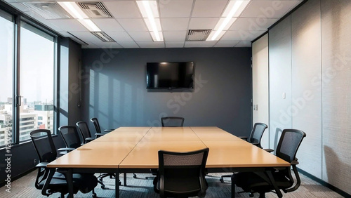 Office meeting room background of boardroom presentation with desk for business discussion corporate meeting corporate seminar suitable for corporate and business theme.