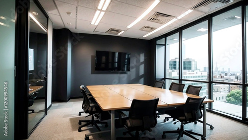 Modern conference room with wooden table, laptops, black chairs, and a large TV screen, adjacent to bright workspace and glass walls. 3D Rendering.