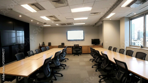 Modern office meeting room with large table, chairs, and frosted glass windows, empty interior space, concept of corporate space. 3D Rendering