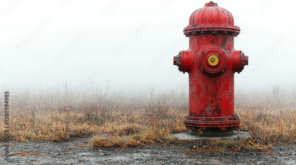 Foggy field, lone red fire hydrant, autumn Foggy field, lone red fire hydrant, autumn