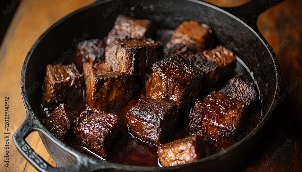 Meat Stew. Beef stewed in red wine sauce, top view, copy space. Roasted or braised beef meat. Slow cooked meat in cast iron pan Meat Stew. Beef stewed in red wine sauce, top view, copy space. Roasted or braised beef meat. Slow cooked meat in cast iron pan