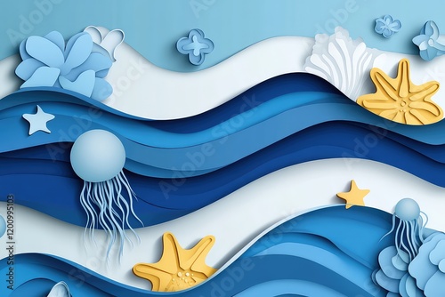 A modern blue wave design in paper-cut style, with marine life elements like jellyfish and starfish, ideal for an ocean awareness banner. photo