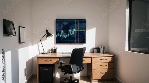 Modern Empty Meeting Room with Big Conference Table with Various Documents and Laptop on it. Wall TV Showing Company's Growth, Statistics, Graphs and Pie Charts. Late Evening or Night City Outside.