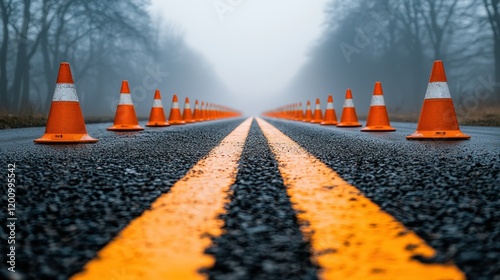 Foggy road cones, winter highway closure