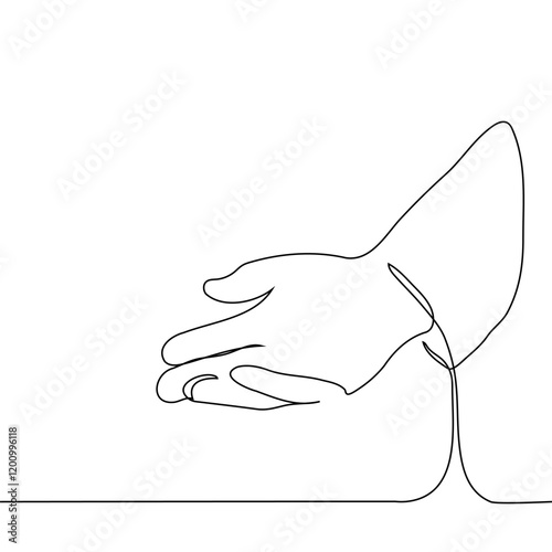 human hand outstretched with palm up - one line art vector. concept request