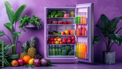 Purple Fridge with Fresh Produce and Beverages