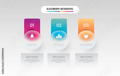 Glass morph inforgraphic 3 steps for presentation, web element or UI UX objects. Vector Illustration